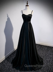 Black Satin Straps Long Party Dress, Black Sweetheart Long Evening Dress Evening Prom Dress