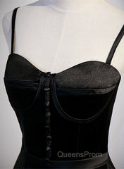 Black Satin Straps Long Party Dress, Black Sweetheart Long Evening Dress Evening Prom Dress