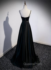 Black Satin Straps Long Party Dress, Black Sweetheart Long Evening Dress Evening Prom Dress