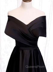 Black Satin Sweetheart Off Shoulder Party Dress, Black A-Line Long Formal Dress