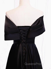 Black Satin Sweetheart Off Shoulder Party Dress, Black A-Line Long Formal Dress