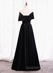 Black Satin Sweetheart Off Shoulder Party Dress, Black A-Line Long Formal Dress