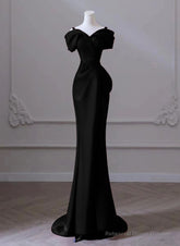 Black Satin Sweetheart Straps Long Formal Dress, Black Long Prom Dress