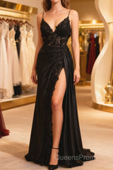 Black Satin With Lace V-Neckline With Leg Slit Evening Prom Dress, Black Evening Prom Dress