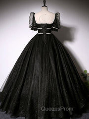 Black Scoop Neckline Long Evening Prom Dress, Shiny Tulle Black Evening Dress