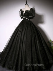 Black Scoop Neckline Long Evening Prom Dress, Shiny Tulle Black Evening Dress