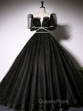 Black Scoop Neckline Long Evening Prom Dress, Shiny Tulle Black Evening Dress