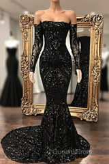 Black Sequin Long Sleeve Mermaid Evening Prom Dress