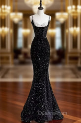 Black Sequins Mermaid Straps Beaded Evening Prom Dress, Black Sequins Party Dress