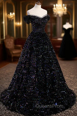 Black Sequins Off Shoulder Beaded Party Dress, A-line Black Evening Dress