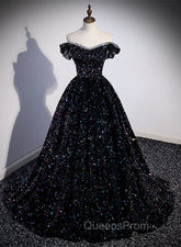 Black Sequins Off Shoulder Beaded Party Dress, A-line Black Evening Dress