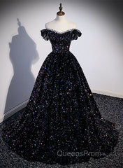 Black Sequins Off Shoulder Beaded Party Dress, A-line Black Evening Dress