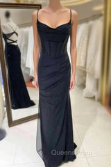 Black Sheath Spaghetti Straps Pleats Evening Prom Dress