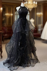 Black Shiny Tulle Long Party Dress with Beaded, Black Evening Dress