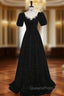 Black Short Sleeve Crystal Evening Prom Dress