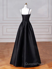 Black Spaghetti Strap Satin Long Evening Prom Dress, Black A-Line Evening Dress