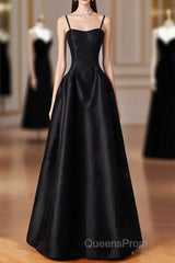 Black Spaghetti Strap Satin Long Evening Prom Dress, Black A-Line Evening Dress