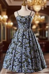 Black Spaghetti Straps Flower Print Homecoming Dress