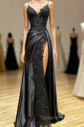 Black Spaghetti Straps Lace Appliques Evening Prom Dress with Slit
