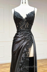 Black Spaghetti Straps Lace Appliques Evening Prom Dress with Slit