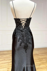Black Spaghetti Straps Lace Appliques Evening Prom Dress with Slit