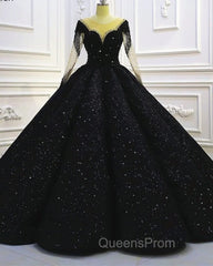 Black Sparkly Long Sleeve Wedding Ball Gown Dress