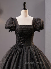 Black Square Neckline Tulle Long Evening Prom Dress, Shiny Tulle Black Evening Dress