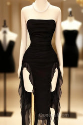 Black Strapless Midi Length Ruffle Evening Prom Dress Sexy Evening Dress