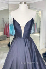 Black Strapless Satin Long Evening Prom Dress, Black A-Line Evening Dress