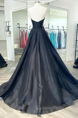 Black Strapless Satin Long Evening Prom Dress, Black A-Line Evening Dress