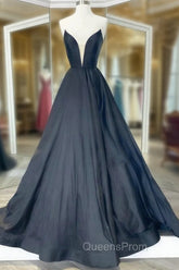 Black Strapless Satin Long Evening Prom Dress, Black A-Line Evening Dress