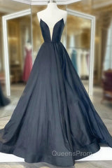 Black Strapless Satin Long Evening Prom Dress, Black A-Line Evening Dress