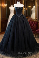 Black Strapless Tulle Long A-Line Evening Prom Dress, Black Evening Gown