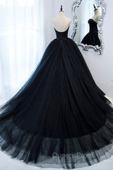Black Strapless Tulle Long A-Line Evening Prom Dress, Black Evening Gown