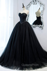 Black Strapless Tulle Long A-Line Evening Prom Dress, Black Evening Gown
