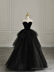 Black Strapless Layered Velvet Tulle Long Prom Dress Evening Dress