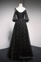 Black Straps Tulle Long Party Dress With Sleeves Evening Dress, Black A-Line Evening Prom Dress Party Dress