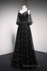 Black Straps Tulle Long Party Dress With Sleeves Evening Dress, Black A-Line Evening Prom Dress Party Dress