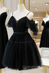 Black Sweetheart Straps Tulle Homecoming Dress, Black Off Shoulder Evening Prom Dress