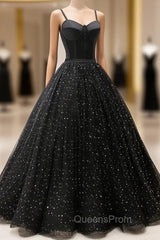 Black Sweetheart Straps Tulle Long Evening Gown, Sleeveless Floor-Length Evening Prom Dress