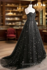 Black Sweetheart Tulle Straps Long Evening Dress, Black Evening Party Dress
