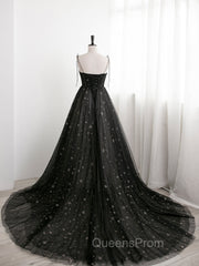 Black Sweetheart Tulle Straps Long Evening Dress, Black Evening Party Dress