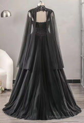 Black Sweetheart Tulle with Lace Long Sweet 16 Dress, Black Formal Dress with Cape