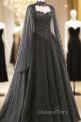 Black Sweetheart Tulle with Lace Long Sweet 16 Dress, Black Evening Dress with Cape