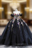 Black Tulle 3D Flower Off the Shoulder Evening Prom Dress