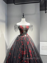 Black Tulle And Red Sequins Floor Length Evening Prom Dress, Off The Shoulder Evening Party Dress