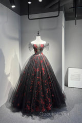 Black Tulle And Red Sequins Floor Length Evening Prom Dress, Off The Shoulder Evening Party Dress