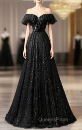 Black Tulle Beaded Long Evening Gown, Black Tulle A-line Evening Prom Dress
