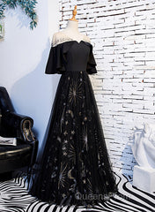 Black Tulle Beaded Long Party Dress, A-Line Black Formal Dress Evening Prom Dress