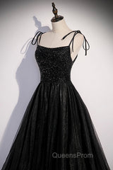Black Tulle Beaded Long Evening Prom Dress, A-Line Spaghetti Straps Evening Dress